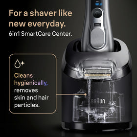 Braun shaver next to a razor for size comparison showing portable cordless runtime