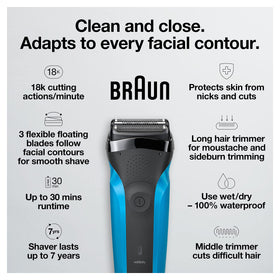 Braun Series 3 close-up of twin SensoFoil and middle trimmer for gentle, effective cutting
