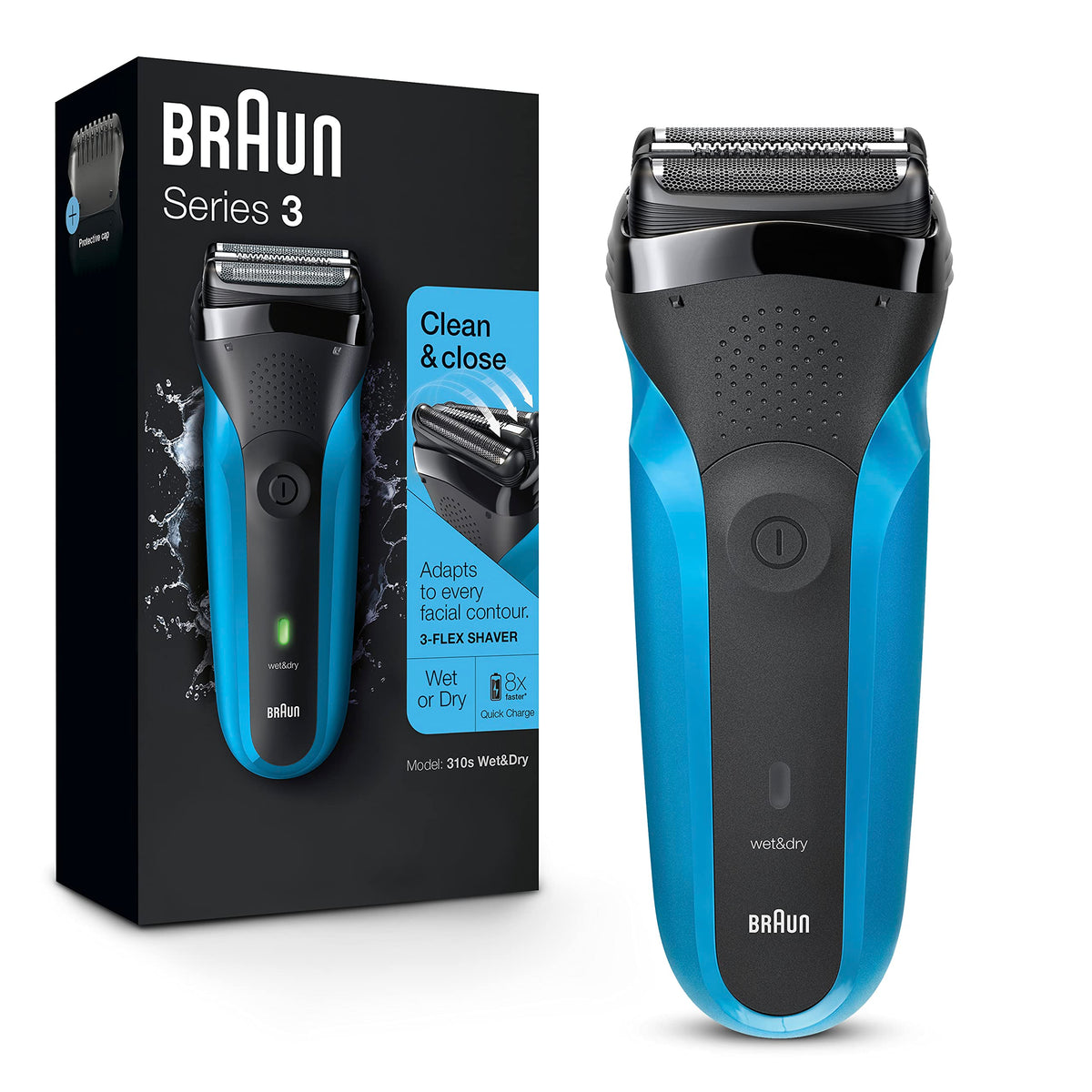 Braun Series 3 front view showing blue body and ergonomic grip for comfortable shaving