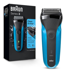 Braun Series 3 front view showing blue body and ergonomic grip for comfortable shaving