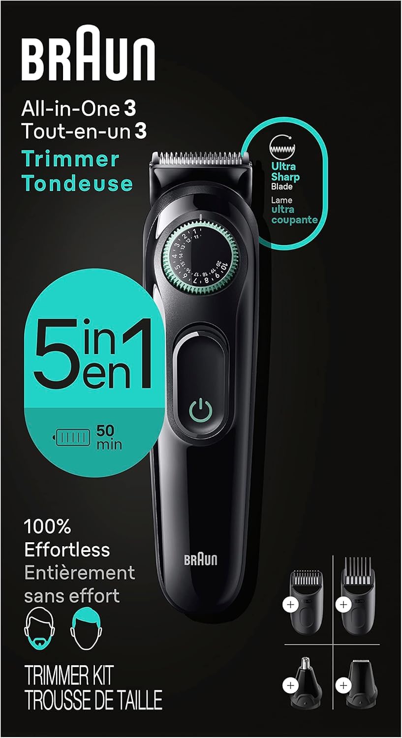 Braun Series 3 front view showing trimmer and assembled plastic head for versatile grooming