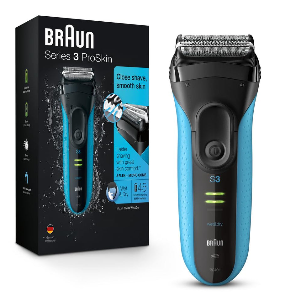 Braun Series 3 front view showing blue black body and shaving head for reliable close shaves