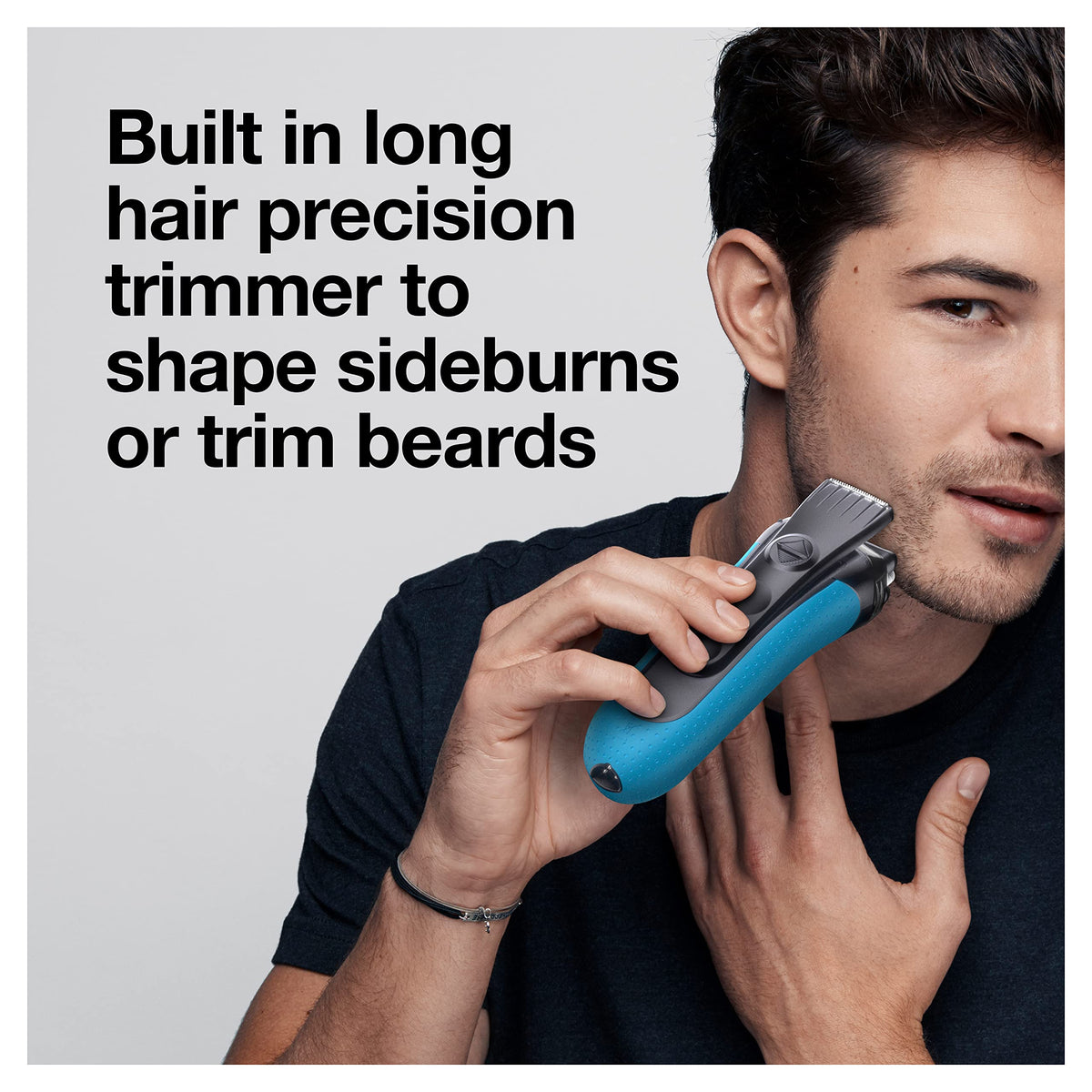 Braun shaver held next to hand to show compact size and easy handling for daily use