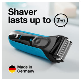 Braun shaver in travel bag with toiletries showing portability and international voltage use