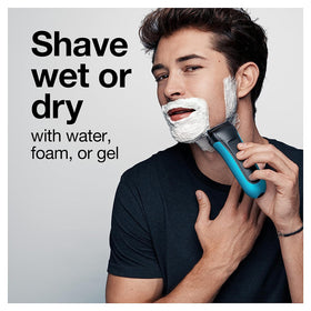 Braun shaver used in shower with foam illustrating comfortable wet shaving option