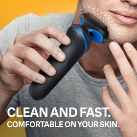 Braun Series 5 box contents including shaver, trimmer, and cleaning brush for immediate use