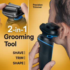 Braun Series 5 held next to a smartphone to show compact size and scale