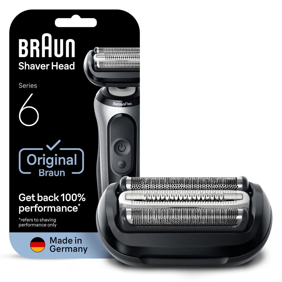 Braun Series 6 front packaging showing replacement head and benefits