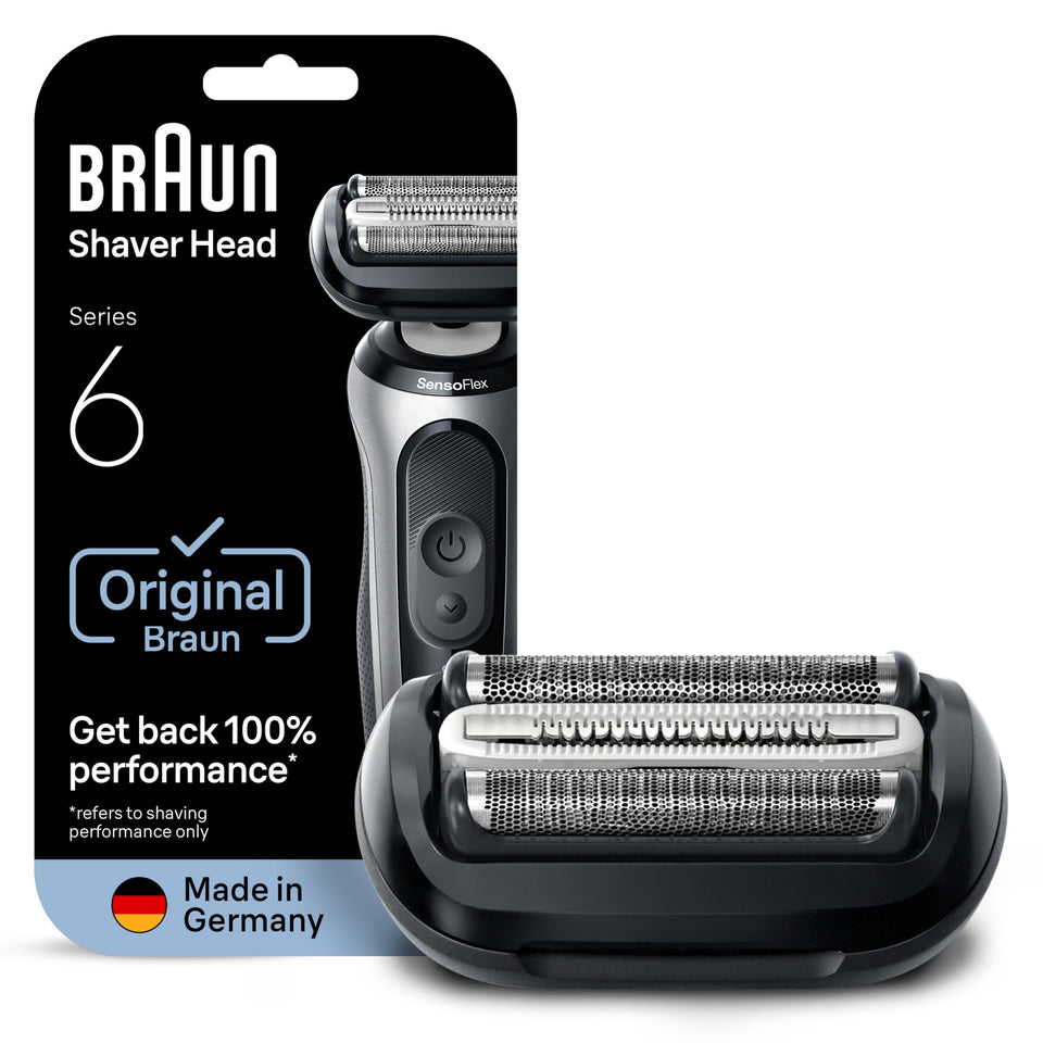 Braun Series 6 front packaging showing replacement head and benefits