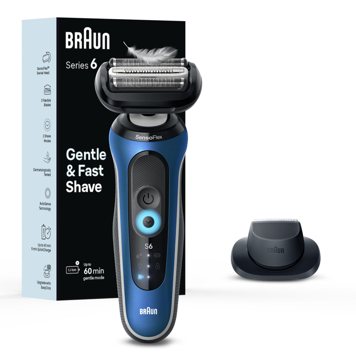 Braun Series 6 front view showing ergonomic handle and blue finish, easy grip benefit