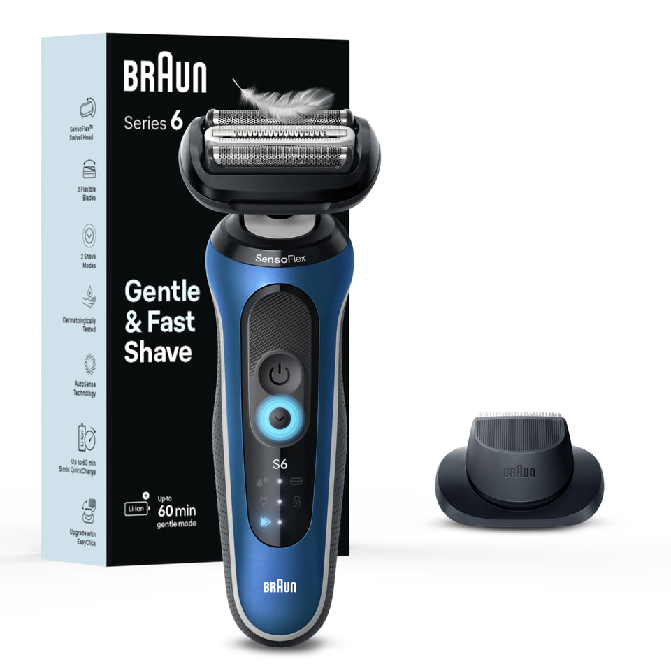 Braun Series 6 front view showing ergonomic handle and blue finish, easy grip benefit