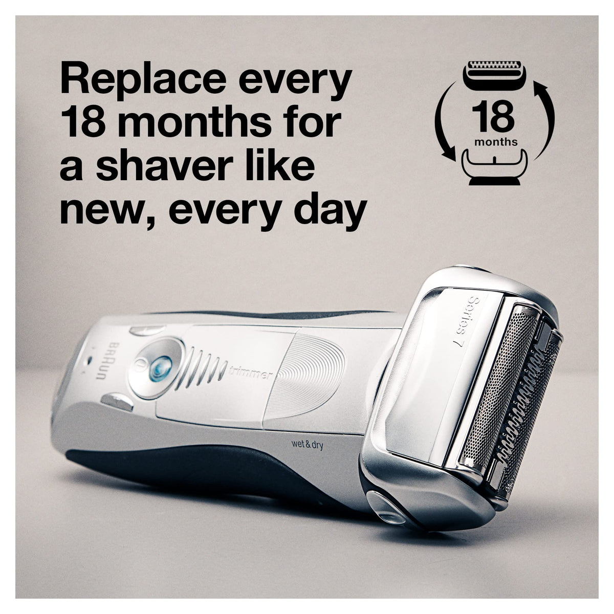 Braun Series 7 in-hand installation demonstrating easy click-on replacement and quick upkeep