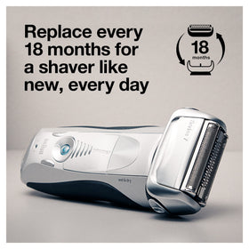 Braun Series 7 in-hand installation demonstrating easy click-on replacement and quick upkeep