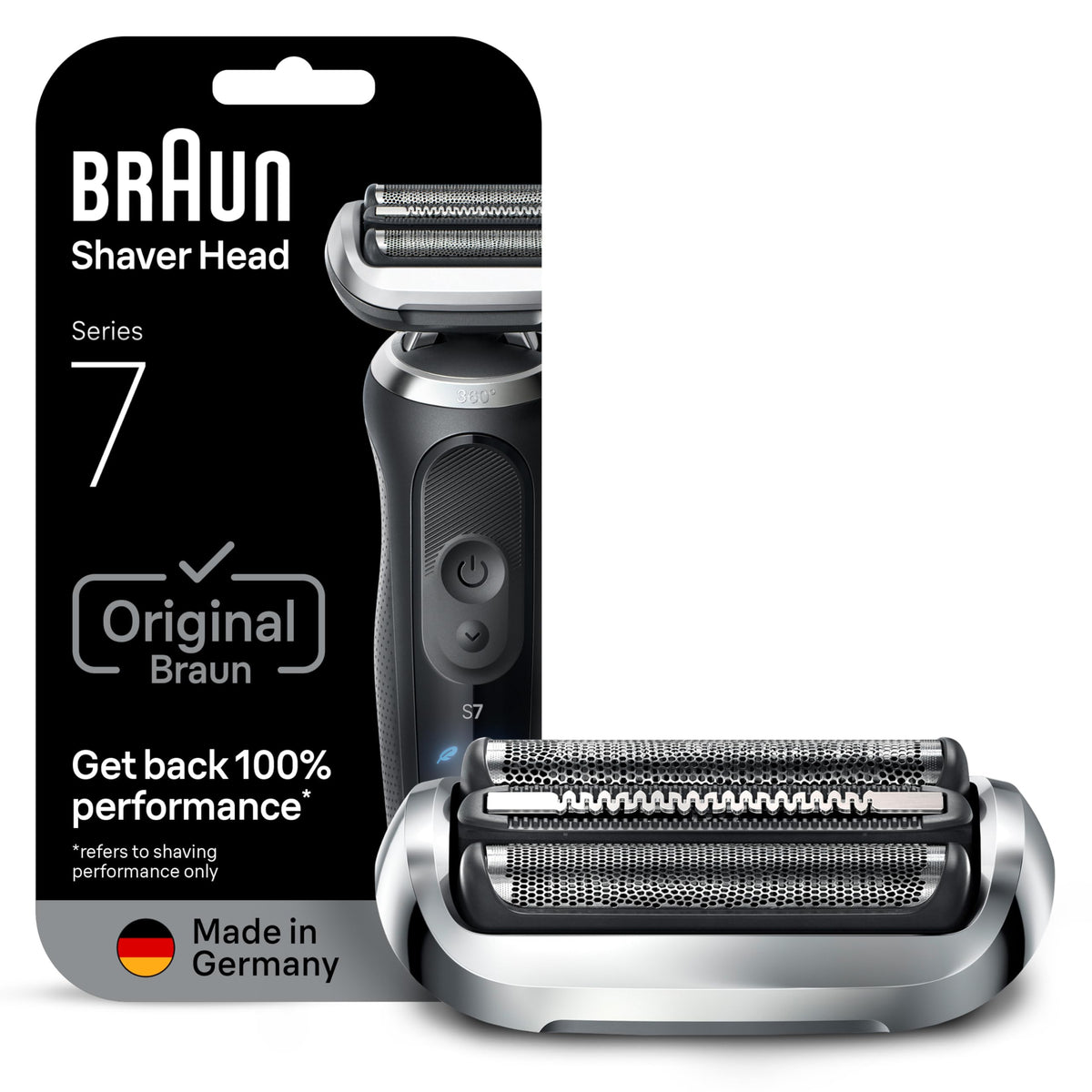 Braun Series 7 front packaging showing original replacement head benefit