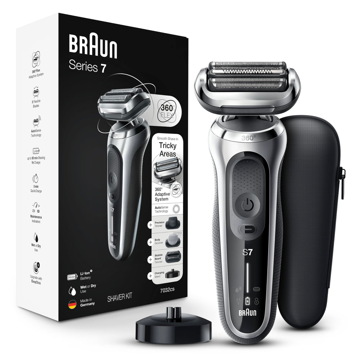 Braun Series 7 front view showing sleek silver razor and ergonomic grip for comfortable control