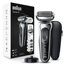 Braun Series 7 front view showing sleek silver razor and ergonomic grip for comfortable control