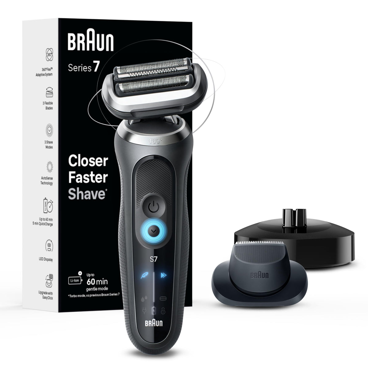 Braun Series 7 front view showing ergonomic handle and controls for comfortable grip