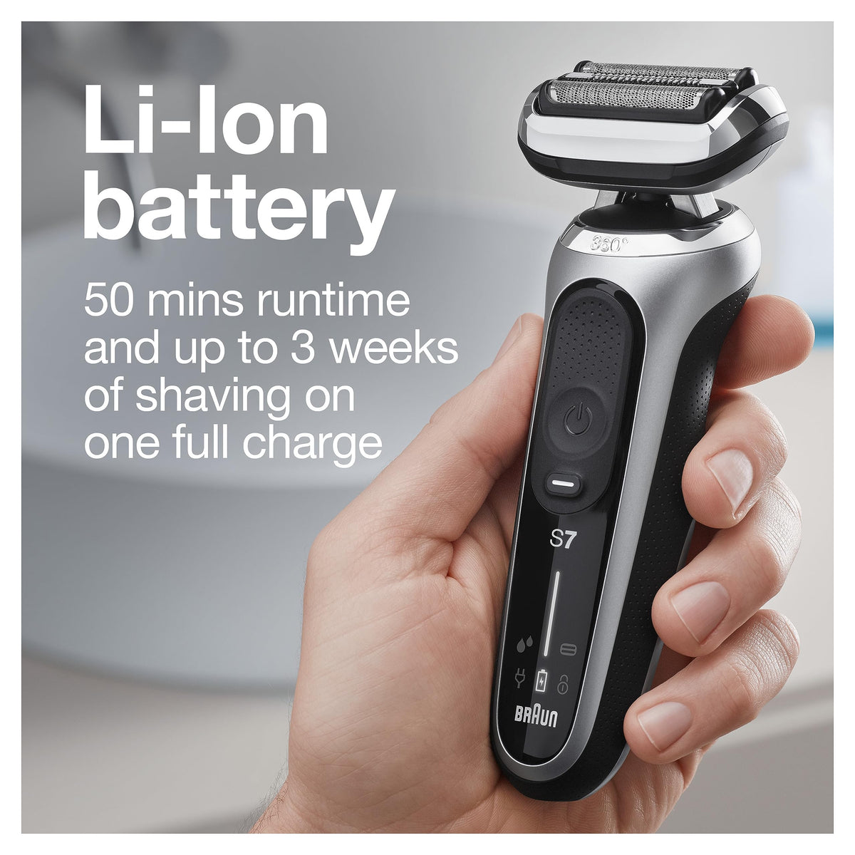 Braun Series 7 used under shower illustrating Braun waterproof design for wet and dry shaving