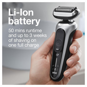 Braun Series 7 used under shower illustrating Braun waterproof design for wet and dry shaving