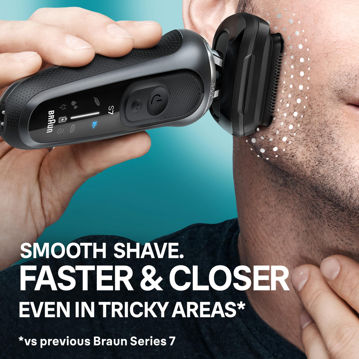 Braun shaver held in hand to show scale and comfortable size for travel