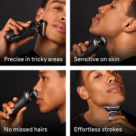 Braun SmoothShave blade macro showing efficient cutting of longer hairs