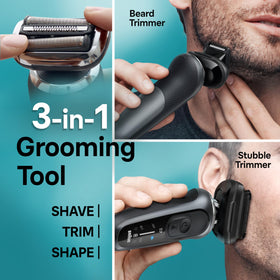 Braun Series 7 used in shower illustrating waterproof wet-and-dry shaving convenience