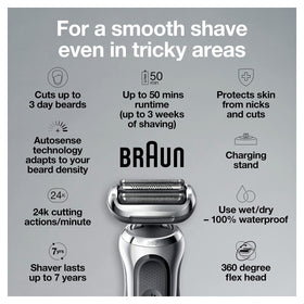 Braun Series 7 with four EasyClick trimmer attachments for beard, stubble and body grooming versatility