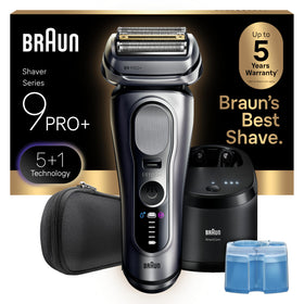Braun Series 9 PRO+ front view showing sleek silver design and controls for versatile grooming