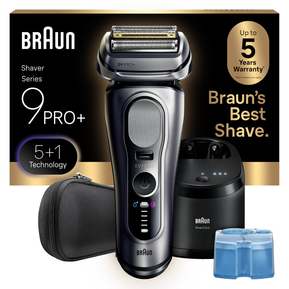 Braun Series 9 PRO+ front view showing sleek silver design and controls for versatile grooming