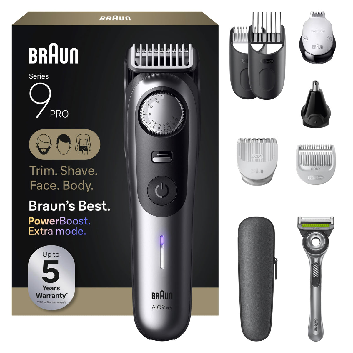 Braun Series 9 PRO front view showing full kit and controls for versatile grooming