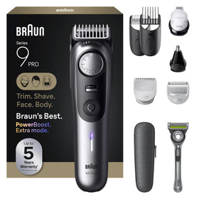 Braun Series 9 PRO front view showing full kit and controls for versatile grooming