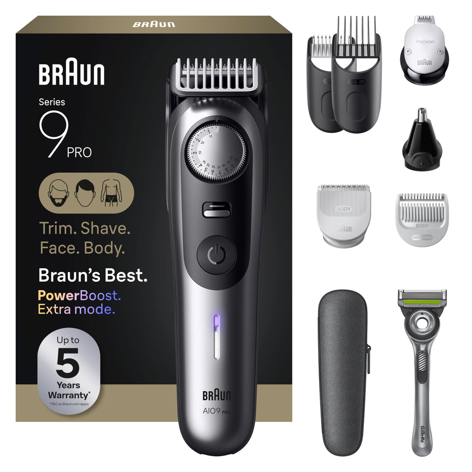 Braun Series 9 PRO front view showing full kit and controls for versatile grooming