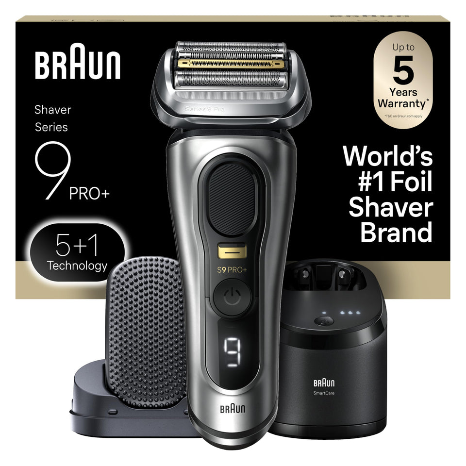 Braun Series 9 PRO front view showing foil head and ergonomic handle for comfortable grip