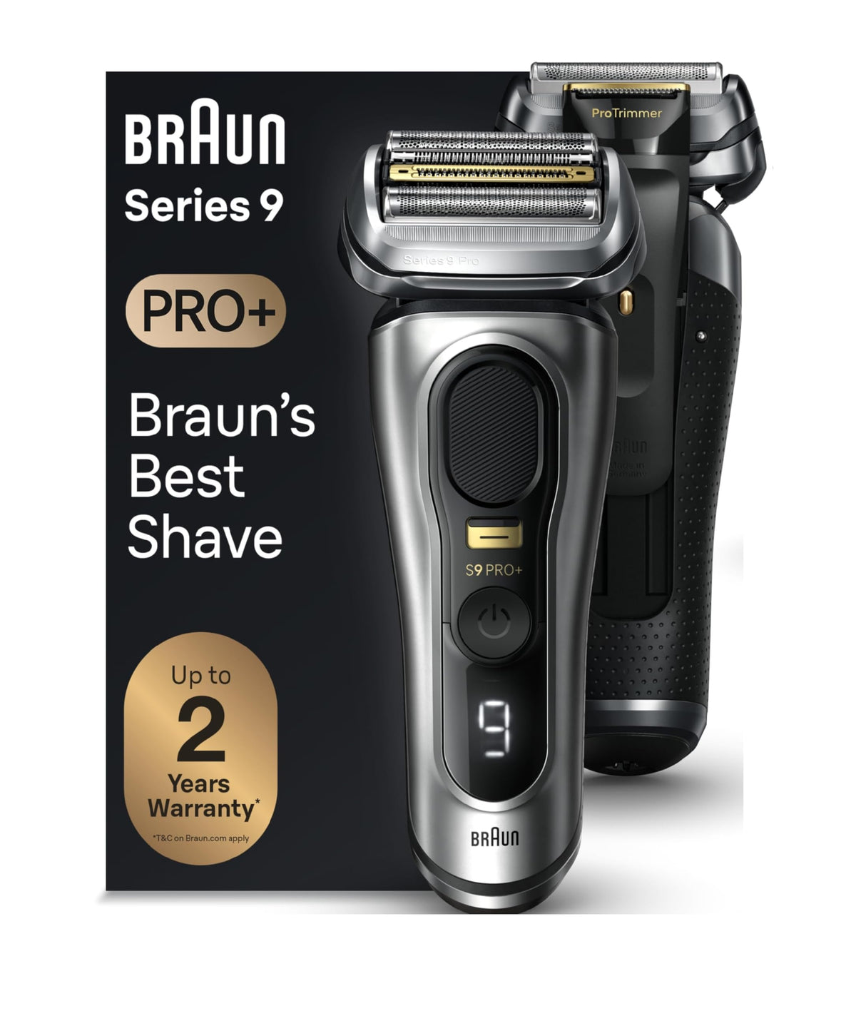 Braun Series 9 PRO+ front view showing ergonomic handle and titanium finish for premium grip