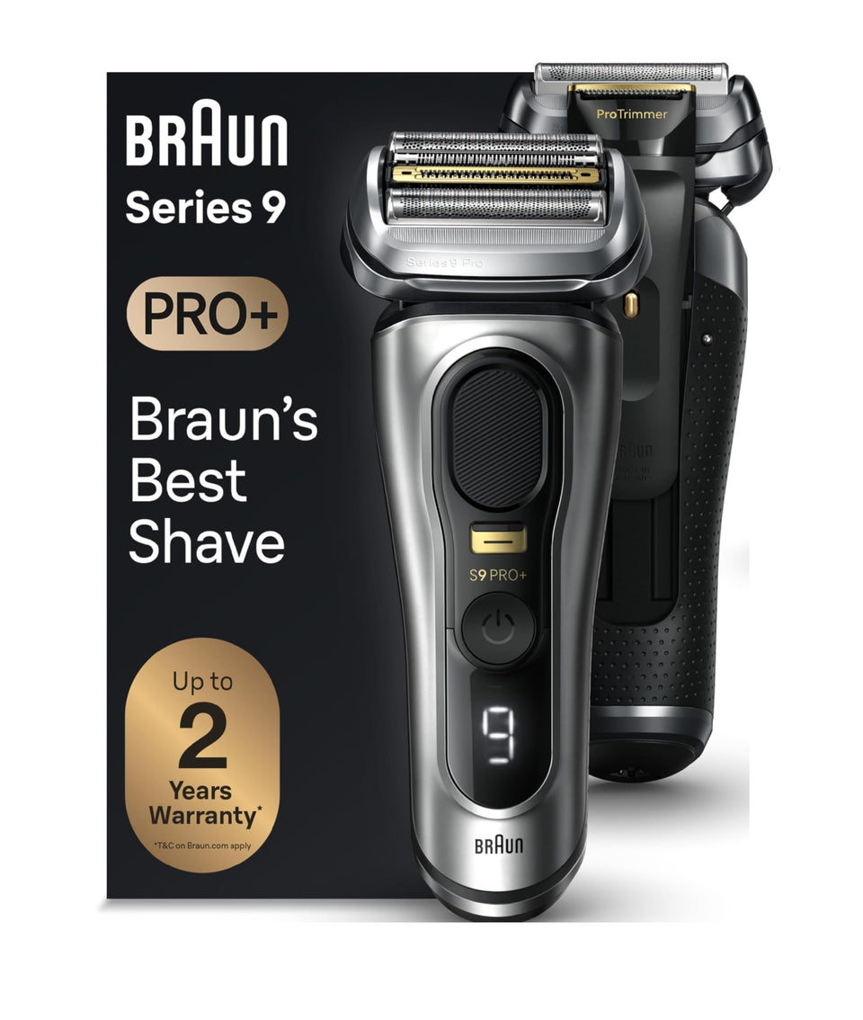 Braun Series 9 PRO+ front view showing ergonomic handle and titanium finish for premium grip