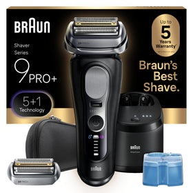 Braun Series 9 PRO+ front view showing sleek black body and controls for premium grooming