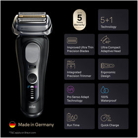 Braun Series 9 PRO+ head close-up highlighting five foils and blades for closer shave