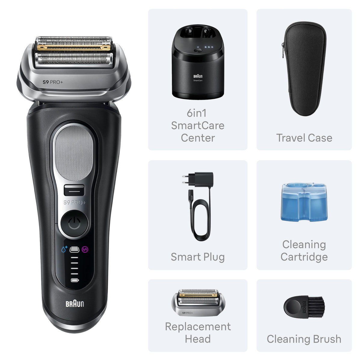 Braun Series 9 PRO+ travel case staged with shaver for safe transport and travel readiness