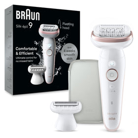 Braun Silk-épil 9 front view showing main epilator head and sleek design benefit fast coverage