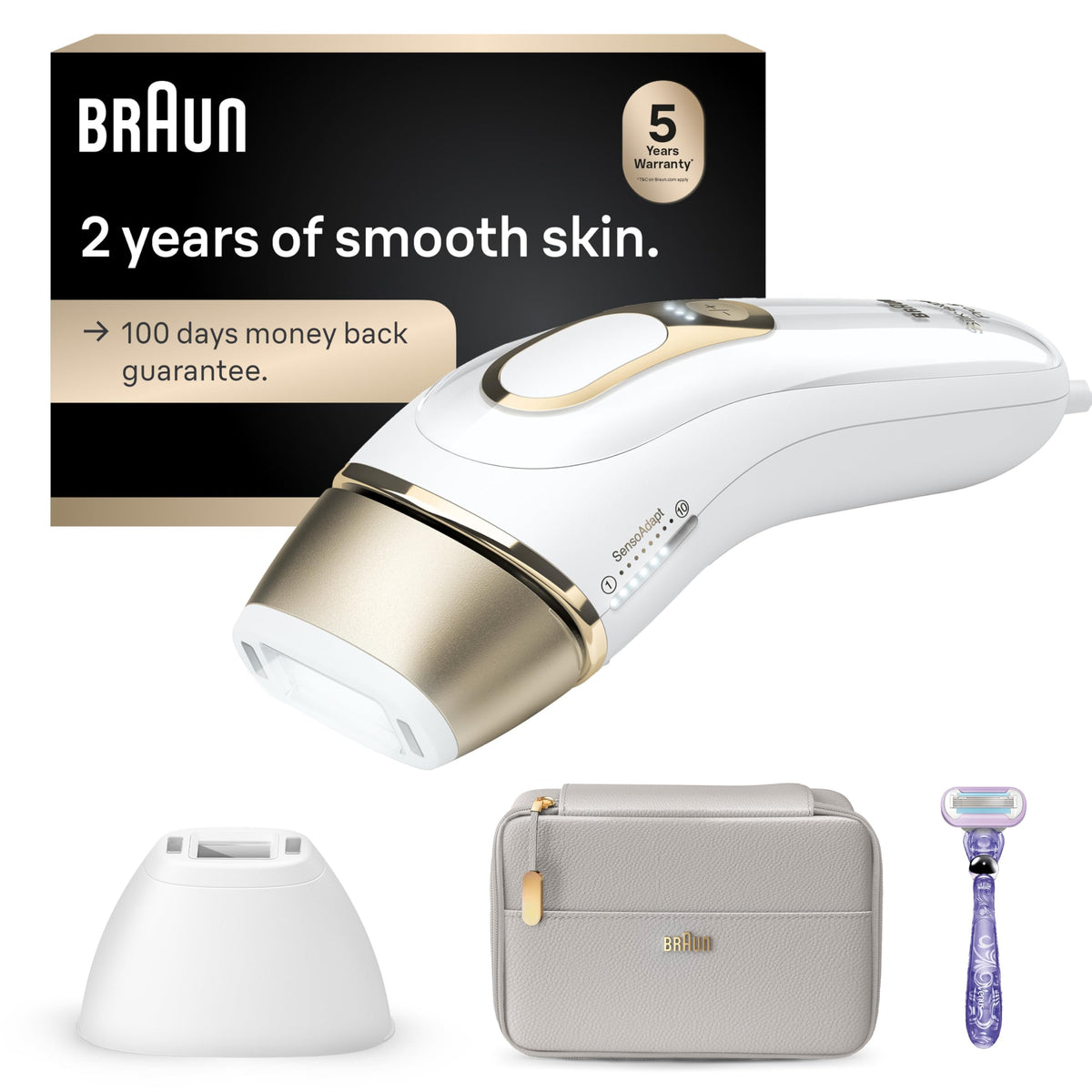 braun silk·expert Pro 5 front view shows device and benefits fast full-body coverage