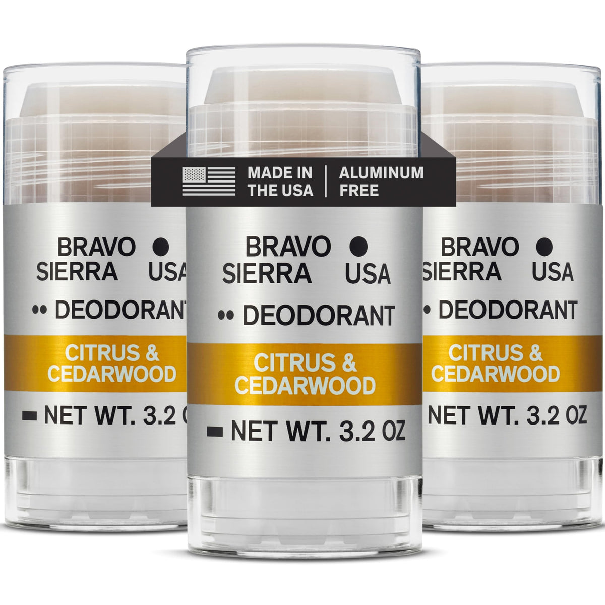 Bravo Sierra front packaging showing Citrus & Cedarwood scent and three-pack benefit