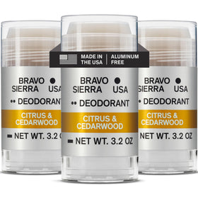 Bravo Sierra front packaging showing Citrus & Cedarwood scent and three-pack benefit