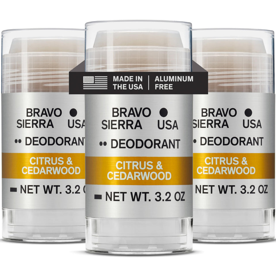 Bravo Sierra front packaging showing Citrus & Cedarwood scent and three-pack benefit