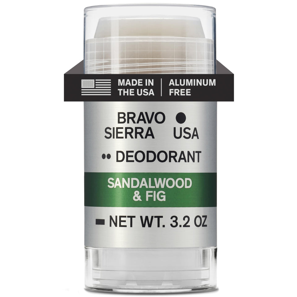 Bravo Sierra front packaging showing sandalwood and fig scent and stick benefits