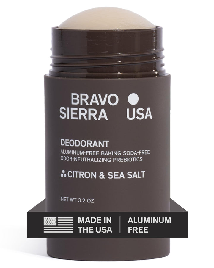 Bravo Sierra front packaging showing deodorant stick and branding, conveys reliable odor control