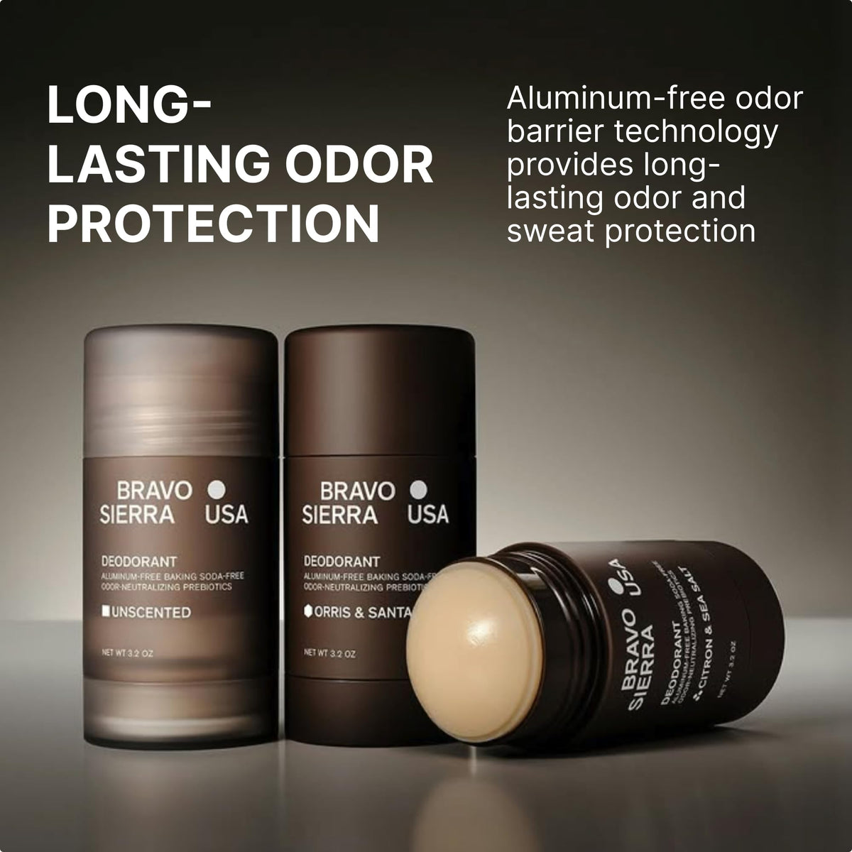Bravo Sierra close-up of deodorant texture on stick, highlights smooth clear application benefit