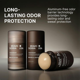 Bravo Sierra close-up of deodorant texture on stick, highlights smooth clear application benefit