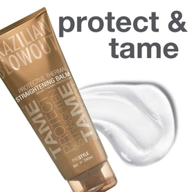 BRAZILIAN BLOWOUT balm in hand demonstrating texture and easy application benefit: smooth spreadability