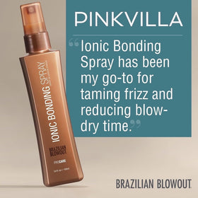 Brazilian Blowout being misted on damp hair to seal cuticle and reduce frizz quickly