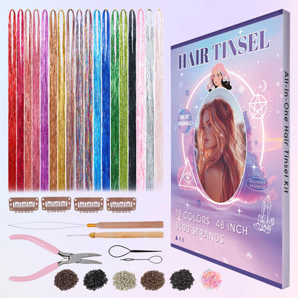 BRDLOCK front packaging showing 18-color tinsel kit and included tools for easy styling